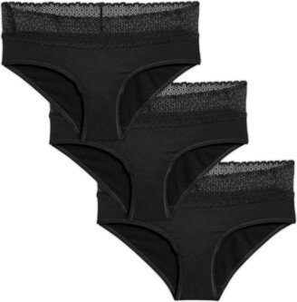 Women's Cotton Modal Blend Lace Hipster Underwear 3-Pack - Black - XS