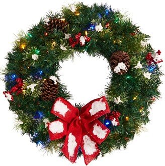 Snow Tipped Berry And Pinecone Artificial Wreath With Bow And 50 Multi-Colored Led Lights