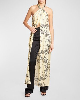 Draped Bandana-Print Halter Maxi Dress