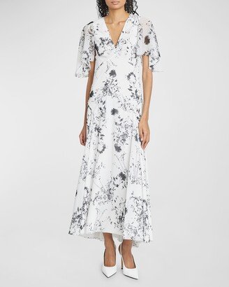 Floral-Print Flutter-Sleeve Godet Maxi Dress