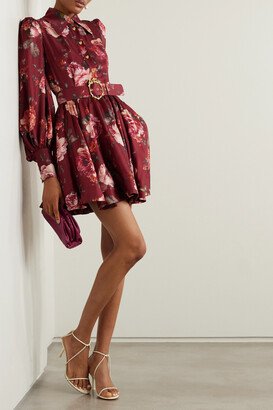 Belted Floral-print Silk-twill Mini Shirt Dress - Burgundy