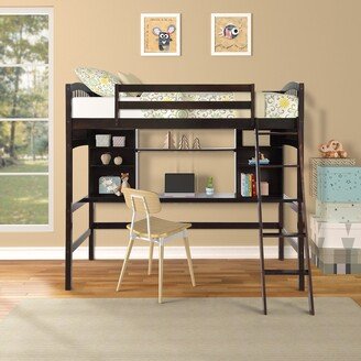 EDWINRAY Twin Size Wooden Loft Bed with Storage Shelves, Desk & Ladder,Espresso