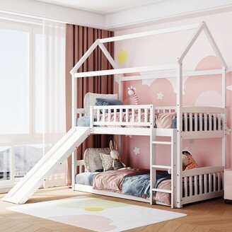 CTEX Twin over Twin Size Solid Wood Bunk Bed with Convertible Slide and Ladder, House-Shaped Kid's Bed with Wood Slats