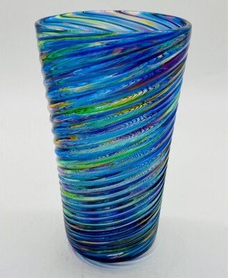 Hand Blown Glass Blue Mix Optic Twist Pint Glass