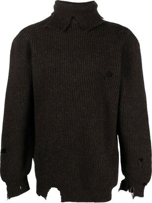 Destroyed roll-neck ribbed-knit jumper