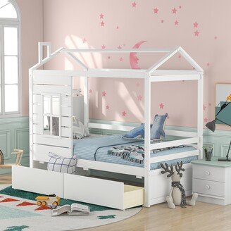 Calnod Twin Size House Bed Wood Bed with Two Drawers White