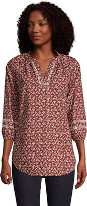 Women's Petite Cotton 3/4 Sleeve Split Neck Tunic Top - X-Small - Rich Burgundy Shadow Flower