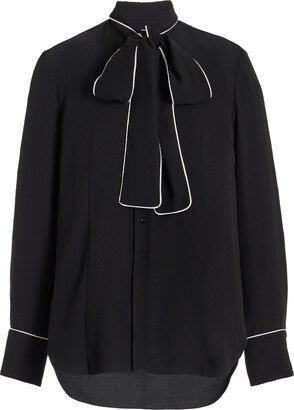 Piping-Trimmed Pussy Bow Blouse