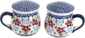 Blue Rose Pottery Blue Rose Polish Pottery Red Poppy Salt & Pepper Shakers with Handles