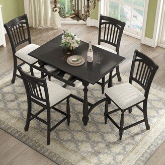 BESTCOSTY 5-Piece Wood Dining Table Set with Drawers and 4 Upholstered Chairs