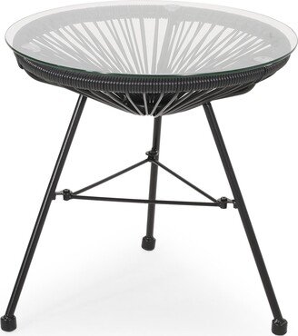 Nusa Outdoor Modern Wicker Side Table with Tempered Glass Top