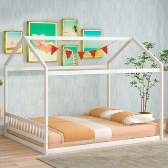 NINEDIN Queen Size Bed with Headboard, Wooden House Shaped Bedframe, Kids Floor Bed for Girls Boys, No Box Spring Needed, White