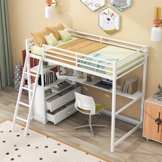 EDWINRAY Multifunctionl Twin Size Loft Bed with Desk and Shelves, Two Built-in Drawers, Modern Style Metal&Wood Loft Bed Frame, White