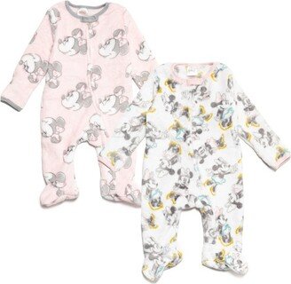 Mickey Mouse & Friends Minnie Newborn Baby Girls Fleece 2 Pack Zip Up Coveralls Pink White Footies 3-6 Months