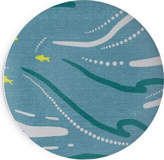 Salad Plates: Mid Century Fish And Waves Salad Plate, Blue