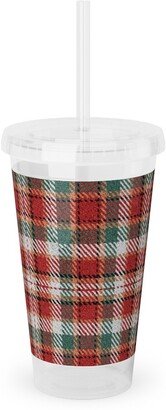 Travel Mugs: Fuzzy Look Christmas Plaid - Red And Green Acrylic Tumbler With Straw, 16Oz, Red