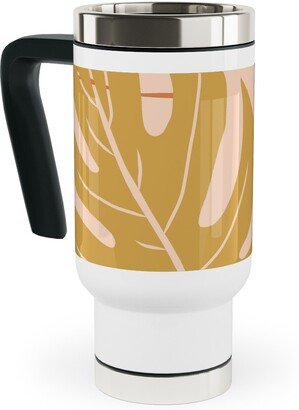 Travel Mugs: Paradiso - Tropical Palm Fronds - Golden Blush Travel Mug With Handle, 17Oz, Pink