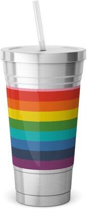 Travel Mugs: Colorful Live - Rainbow Stripe Stainless Tumbler With Straw, 18Oz, Multicolor