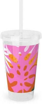 Travel Mugs: Palm Leaves Patchwork Summer Collage - Multi Acrylic Tumbler With Straw, 16Oz, Multicolor