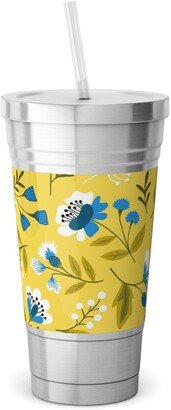 Travel Mugs: Colorful Spring Flowers - Blue On Yellow Stainless Tumbler With Straw, 18Oz, Yellow