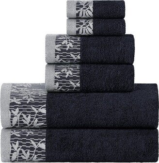 100% Cotton Medium Weight Floral Border 6 Piece Assorted Bathroom Towel Set, Black - Blue Nile Mills