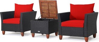 3PCS Patio Rattan Furniture Set Cushioned Sofa with Storage Table