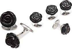 Carved Rose Sterling Silver & Black Onyx Stud & Cufflink Set