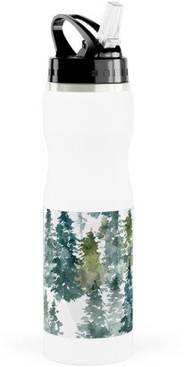 Photo Water Bottles: Woodland Trees Watercolor - White Stainless Steel Water Bottle With Straw, 25Oz, With Straw, Green