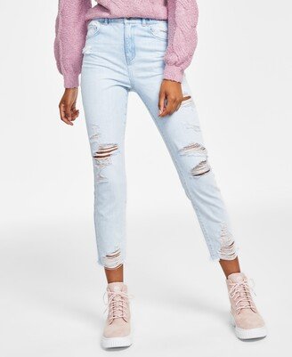 Juniors' Destructed Frayed-Hem High-Rise Mom Jeans