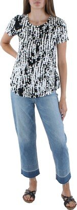 Petites Womens Metallic Printed Blouse