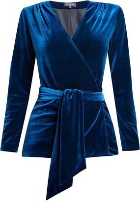 Rumour London Evelyn Velvet Wrap Jacket With Self-Tie Sash In Royal Blue