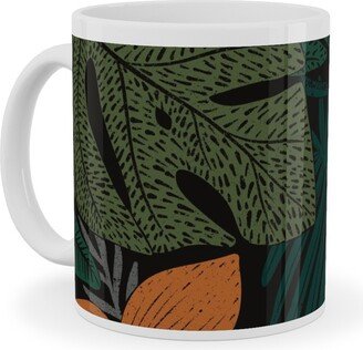 Mugs: Moody Tropical Floral - Orange On Black Ceramic Mug, White, 11Oz, Green