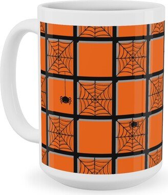 Mugs: Orange Plaid Spider Webs Ceramic Mug, White, 15Oz, Orange