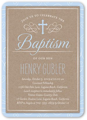 Baptism Invitations: Bordered Christening Boy Baptism Invitation, Blue, Standard Smooth Cardstock, Rounded