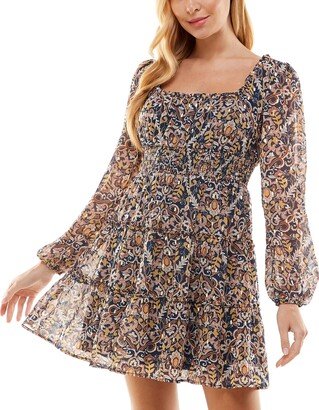 Juniors' Square-Neck Fit & Flare Dress - Navy/Yellow