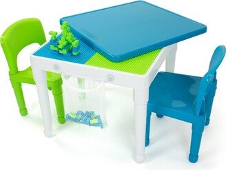 3pc Kids' 2 in 1 Square Activity Table with Chairs and 100pc Building Blocks White/Green/Blue