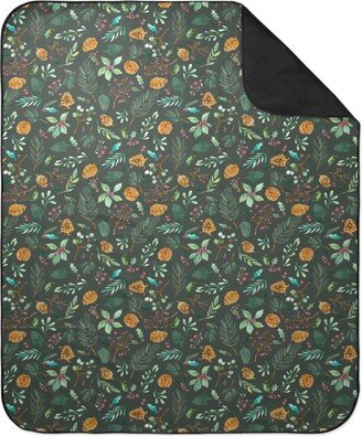 Picnic Blankets: Christmas Holiday Botanical On Dark Green Picnic Blanket, Blue