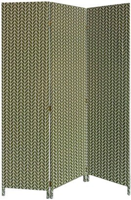 71 Inch 3 Panel Wood Room Divider, Herringbone Print, Fabric, White, Green