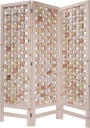 3 Panel Wooden Screen with Interspersed Square Pattern, Cream