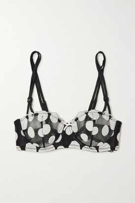 Satin Polka-dot Appliquéd Tulle Underwired Soft-cup Balconette Bra - Black