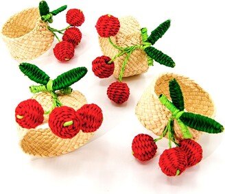 Washein Set X 4 Woven Natural Iraca Straw Red Cherry Fruit Napkin Rings