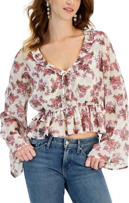 Juniors' Ruffle-Hem Bell-Sleeve Top