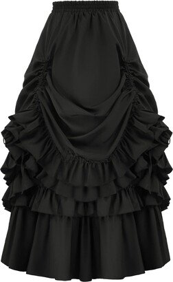 FEOYA Women's Victorian Ruffles Pirate Long Skirt Steampunk Costume Halloween Party Cosplay Renaissance Gothic Hi-Lo Dress Black 3X-Large