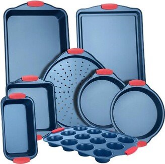 Kitchen Oven Baking Pans - 8 Piece Deluxe Nonstick Blue Coating Inside & Outside Carbon Steel Bakeware Set With Red Silicone Handles