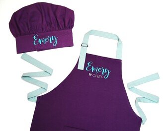 Toddler Apron & Chef Hat Set, Baking Party Gift Cooking Set Purple Girl Personalized