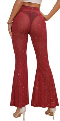 DZOVUTTZ Rave Outfit for Women Outfit Festival Dance Clubwear Bell Bottom Mesh Sheer Pants Red-XL