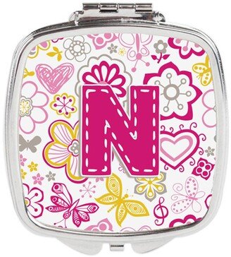 CJ2005-NSCM Letter N Flowers & Butterflies Pink Compact Mirror