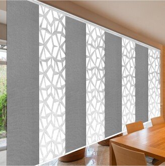 8-Panel White Panel Track Blind 130-175Wx94H, Shattered, Woven Gray Curtain