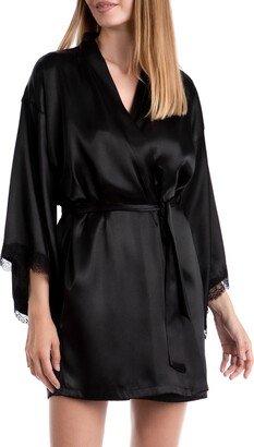 Vienna Solid Lace Trim Satin Wrap Robe