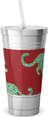 Travel Mugs: Leopard Parade Stainless Tumbler With Straw, 18Oz, Red